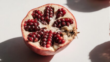 Fresh Pomegranate Halved Showing Juicy Arils and Seeds.