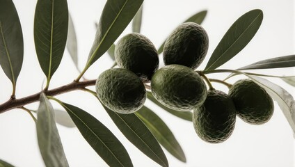 Fresh green olive branch with unripe olives against a bright white background.
