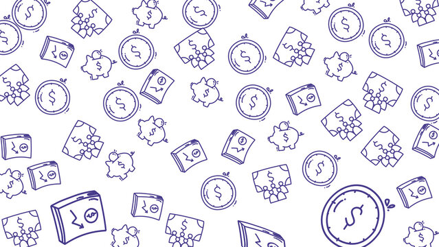 This whimsical seamless pattern features hand drawn finance and business doodles including piggy banks coins and growth charts. This clean sketchy texture is ideal for fintech websites banking 
