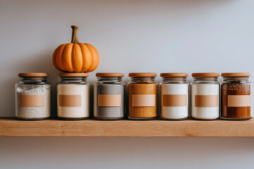 Minimal pantry shelf with jars of flour, sugar, spices, plain labels or no labels, small pumpkin accent, bright even light, clean organization look
