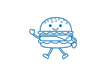 Smiling animated hamburger line drawing with arms and legs is waving hello