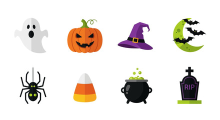 Obraz premium Spooky season delights with Halloween icons like a ghost, pumpkin, witch hat, bats, spider, candy corn, cauldron and tombstone perfect for your creative projects