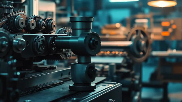 The scene features a detailed machine with various gears spinning, showcasing mechanical engineering. This intricate machine design emphasizes the complexity and precision of its c