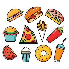 Fast Food Vector Icon Set of Burger, Pizza, French Fries, Hot Dog, Soda, Donut, Ice Cream vector