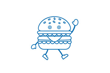 Cheerful walking burger with a slice of cheese in blue line art style