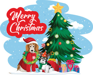 Cute Dogs Merry Christmas Illustration: A cheerful vector illustration featuring two adorable dogs (Beagle and French Bulldog) dressed in festive attire, sitting by a decorated Christmas tree with gif