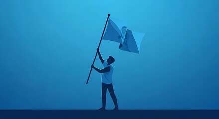 Flat minimalist illustration of man raising awareness flag in blue tones, Movember