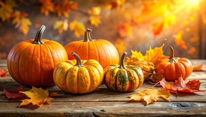 Naklejka premium Autumn Harvest - A Collection of Pumpkins and Fall Leaves.