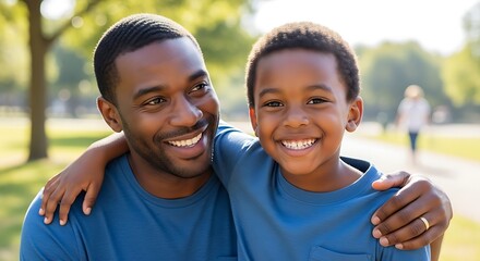 Happy father and son wearing blue shirts, outdoor portrait for Men's Health Awareness, Blue November