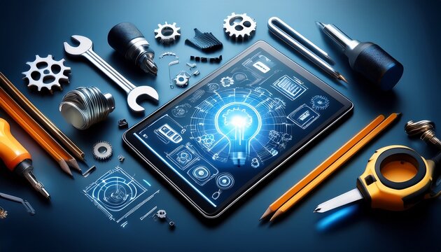 futuristic concepts depicting brainstorming and ideation processes captured in a realistic photo of scattered tools and glowing idea diagrams on a digital tablet