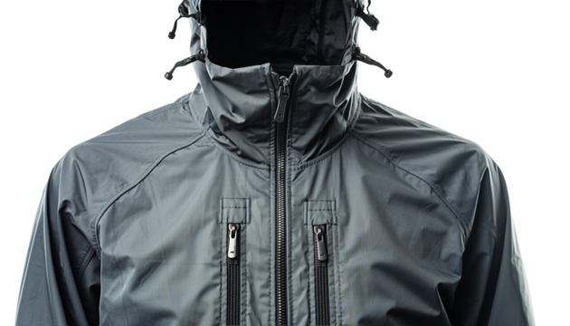Gray Waterproof Jacket Mockup with a Tight Hood and High Collar.