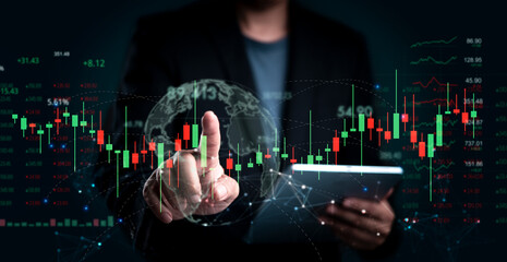 Investor check stock market chart on virtual interface. Global business trading with digital data analysis. Financial technology for cryptocurrency and asset management strategy concept for profit.