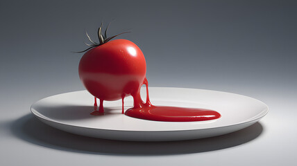 Surreal Tomato with Legs Melting into Ketchup on a White Plate, Conceptual Food Art
