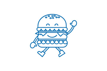 Smiling hamburger character with outline waving its hand walks happily in a playful manner