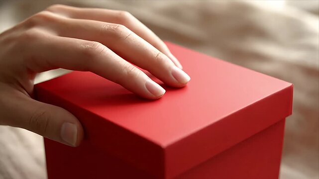 Close-up of a female hand gently opening a vibrant red gift box revealing a hidden surprise Ideal for holiday unboxing special occasion or personalized present 