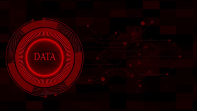 Red Futuristic Circular Interface with Data Text and Digital Network Lines image photo