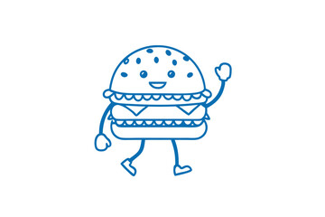 Fototapeta premium Smiling cartoon hamburger character is happily walking while waving its cute gloved hand