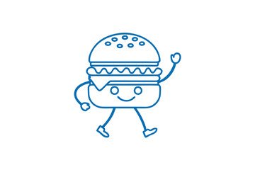Walking cartoon burger with sesame seeds cheerfully waves, a classic design element