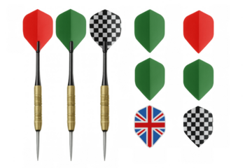 Darts with various flights including union jack, transparent background