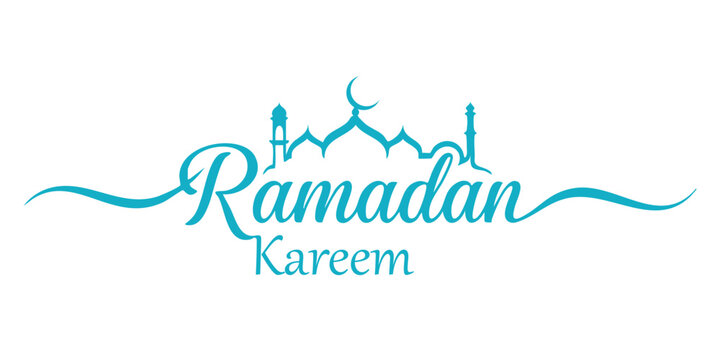 Ramadan Kareem greeting with mosque silhouette and crescent moon vector illustration