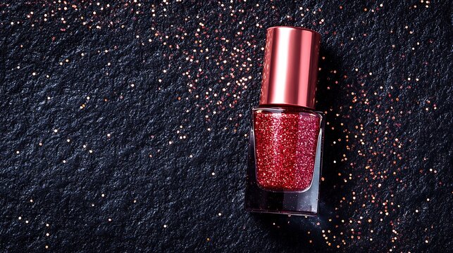 Red Glitter Nail Polish Bottle on a Textured Black Background with Scattered Glitter - Powered by Adobe