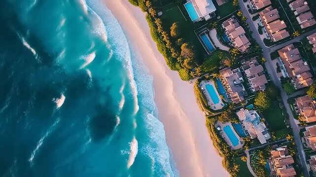 Aerial view of luxury coastal residences bordering turquoise ocean water