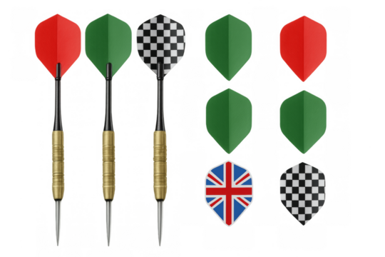 Darts with various flights including union jack, transparent background