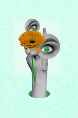Creative vertical art sketch image collage of hands hold gerbera flower bloom bud eyeball inside...
