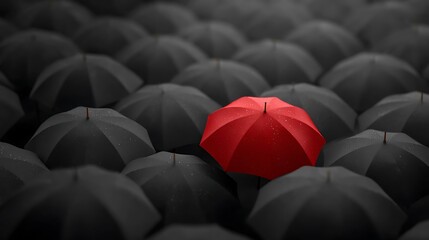 Red Umbrella Amidst Many Black Umbrellas Stand Out in a Crowd of Gray