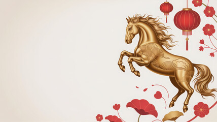 Golden horse illustration with red lanterns and flowers a traditional Chinese New Year design element for festive decorations and cultural events