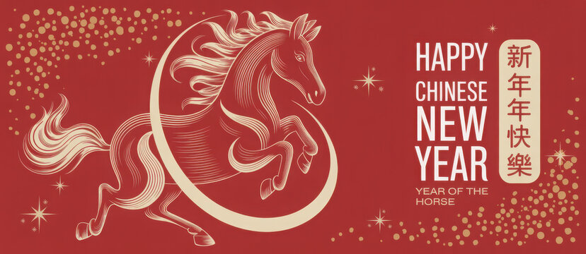 Elegant horse illustration for Chinese New Year featuring traditional design elements and a festive red background perfect for holiday greetings