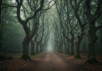 Eerie dirt path winding through a dense mystic forest, lined by bizarrely twisted and gnarled ancient beech trees. Haunting natural scene ,dark ,ancient ,forest