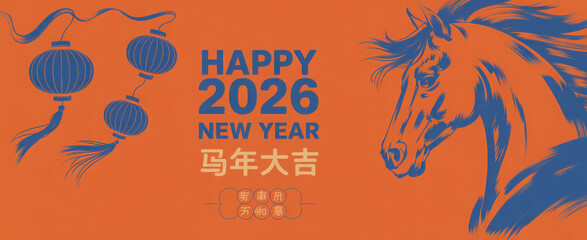 Vibrant Neon Chinese New Year 2026 – Year of the Horse. Translation: “Auspicious Year of the Horse – Lunar Year 2026 – Happy New Year, All Go Well.”
