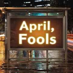 April fools advertisement on illuminated bus shelter at night