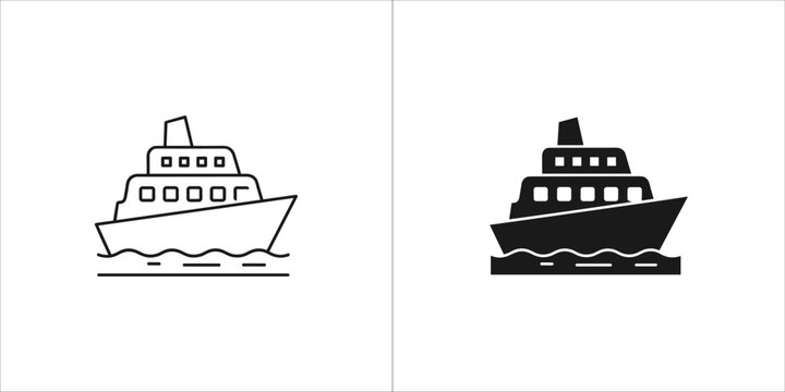 Outline and filled silhouette of a cruise ship sailing on water