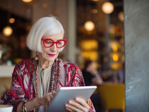 senior woman using tablet in cafe