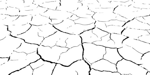 Black and white cracked dry soil texture, drought surface pattern background, broken earth desert land illustration, climate change environmental disaster concept, cracked ground abstract design.