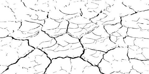 Black and white cracked dry soil texture, drought surface pattern background, broken earth desert land illustration, climate change environmental disaster concept, cracked ground abstract design.