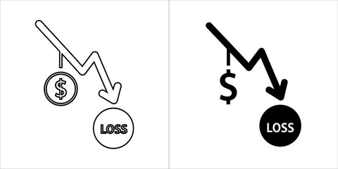 Financial loss graph icon with falling coin and text