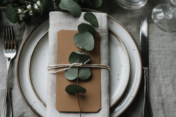 Place setting with blank kraft card tucked into a napkin ring, ceramic plate, eucalyptus sprig, clean modern styling