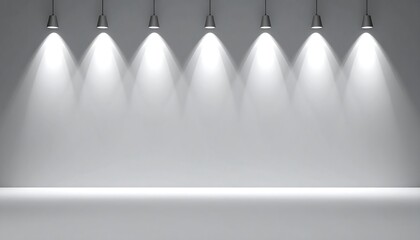 A gray wall is illuminated from above by seven hanging spotlights, creating a bright stage