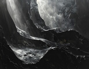 A grayscale abstract of rock-like forms, with textures and light contrasts creating a dramatic scene