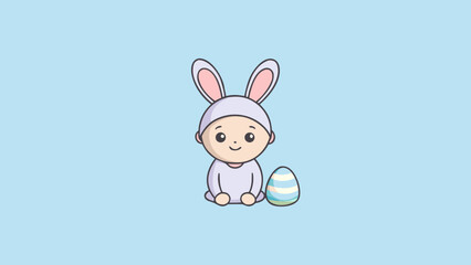 Obraz premium Cartoon baby wearing bunny ears hat beside Easter egg