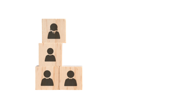 Wooden blocks stacked as a hierarchy with human silhouettes on a black background - Powered by Adobe