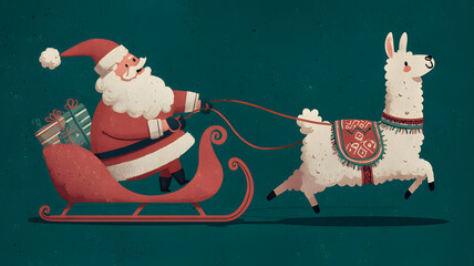 Funny Santa Claus with Llama Pulling Sleigh, Whimsical Christmas Holiday Vector Illustration
