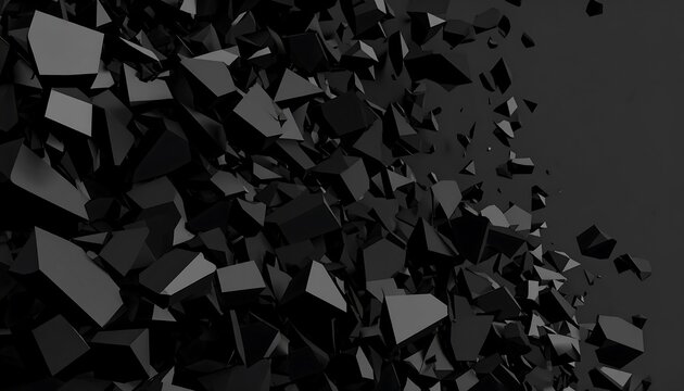 A grayscale depiction of fragmented geometric shapes cascading across a gradient backdrop - Powered by Adobe