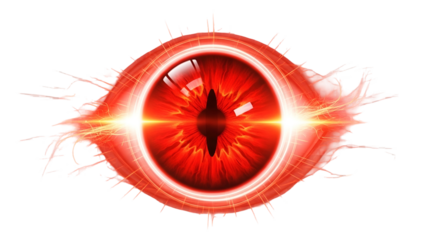 Futuristic Red Eye with Glowing Iris and Digital Effects on Transparent Background