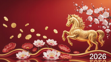Golden horse with blossoms and coins: symbol of prosperity for 2026
