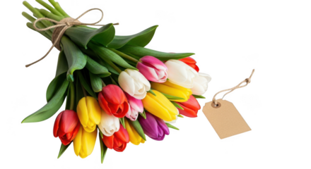 Bouquet of colorful tulips with a gift tag isolated on white isolated on transparent background