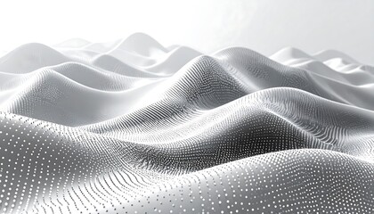 A grayscale, digital rendering of undulating hills formed of intricate, dot-matrix structures
